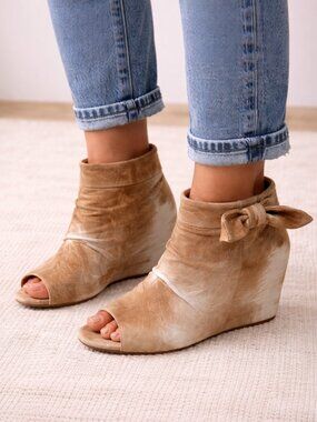 80%20 Leather Peep Toe Hidden Wedge Ankle Booties Tan Gray Boho Size 8